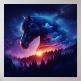 Póster Silhouette de caballos en un paisaje forestal atar