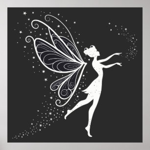Póster Silhouette de hadas mágicas con alas y estrellas