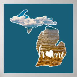 Póster Silhouette De Lake Photo Michigan Con Casa En Azul