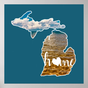 Póster Silhouette De Lake Photo Michigan Con Casa En Azul