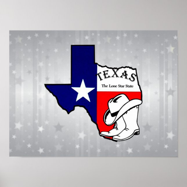 Póster Silhouette de Texas sobre chispas de plata (Frente)
