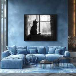 Póster Silhouette de un gato junto a la ventana a la luz 