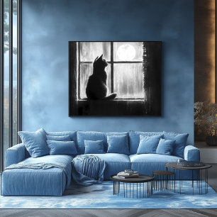 Póster Silhouette de un gato junto a la ventana a la luz 