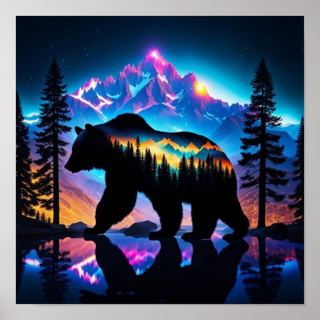 Póster Silhouette de un oso que muestra el paisaje natura (Frente)