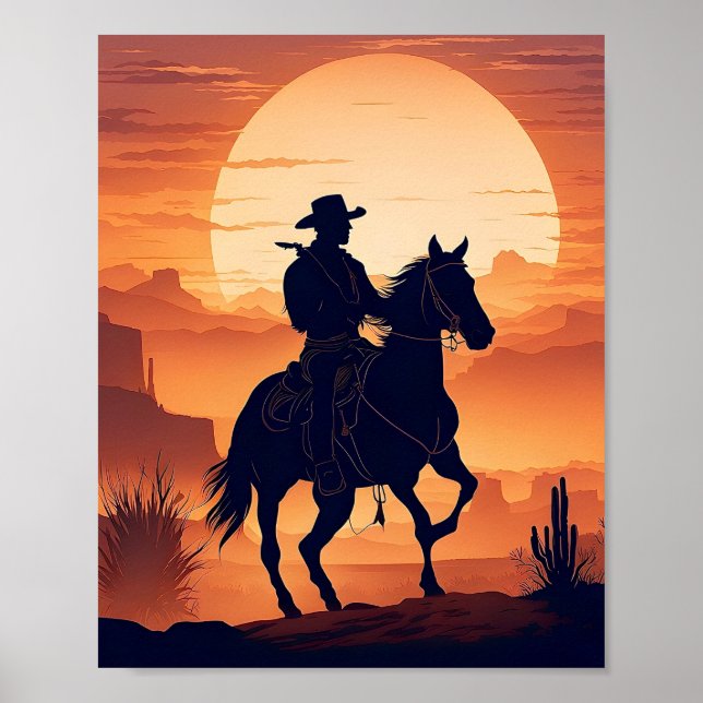 Póster Silhouette de un vaquero a caballo en el desierto (Frente)