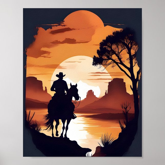 Póster Silhouette de un vaquero a caballo en un poste des (Frente)