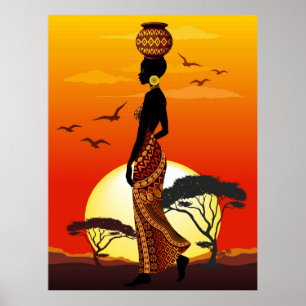Póster Silhouette de una bella mujer africana sobre los S