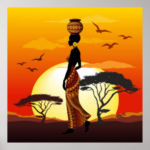 Póster Silhouette de una bella mujer africana sobre los S
