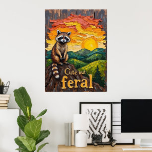 Póster Silhouette Feral: Raccoon contra la puesta del sol