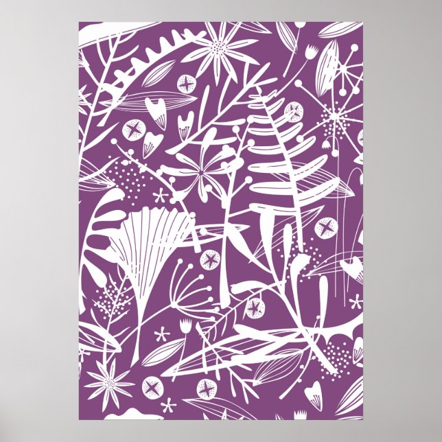 Póster Silhouette floral Morado botánico y Blanco (Frente)
