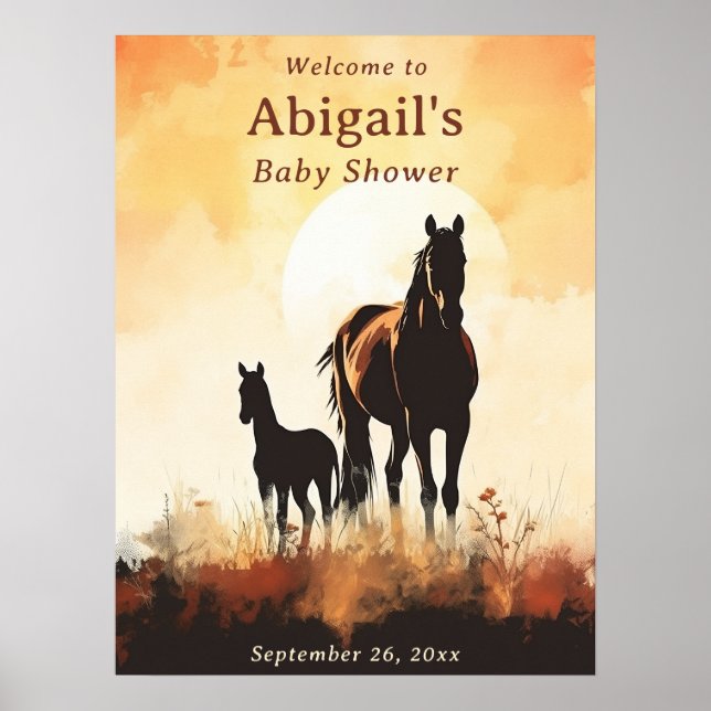 Póster Silhouette Mare y Foal Sunset Horse Baby Shower (Frente)