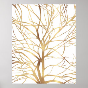 Póster Silhouette moderna de árbol de oro Diseño blanco m