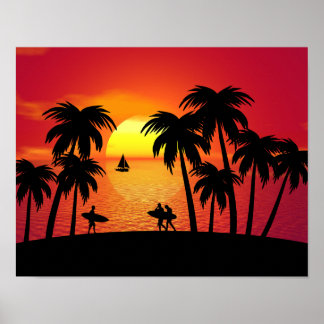 Póster Silhouette of a Tropical Island at Sunset