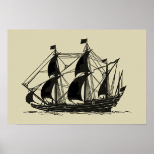 Póster Silhouette of Ship with Billowing Sails