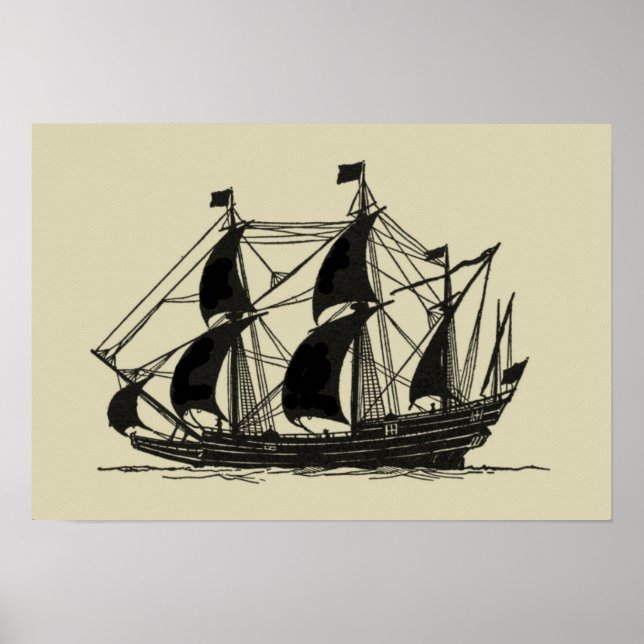 Póster Silhouette of Ship with Billowing Sails (Frente)