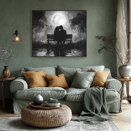 Póster Silhouette romántica iluminada por luna en un banc