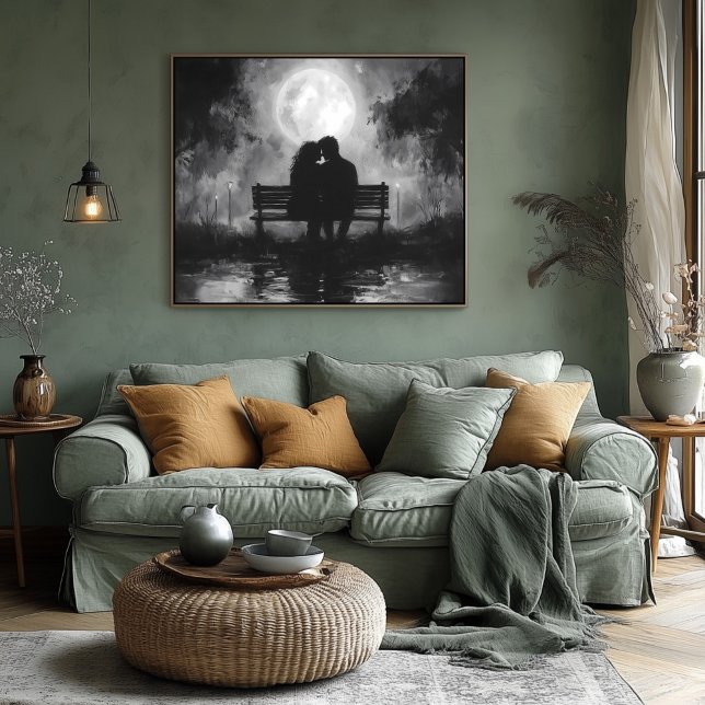 Póster Silhouette romántica iluminada por luna en un banc (Subido por el creador)