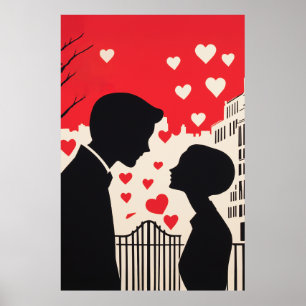 Póster Silhouette romántica Pareja Corazones de paisajes 