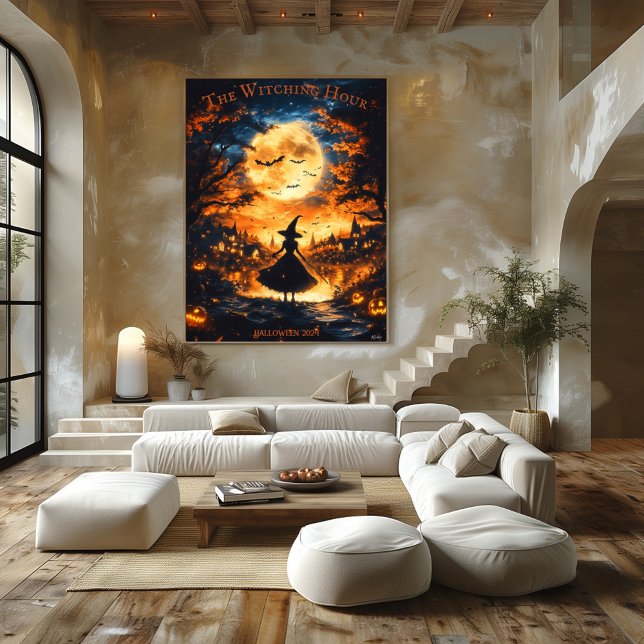 Póster Silhouette Witch Halloween - Luna llena y pueblo (Subido por el creador)