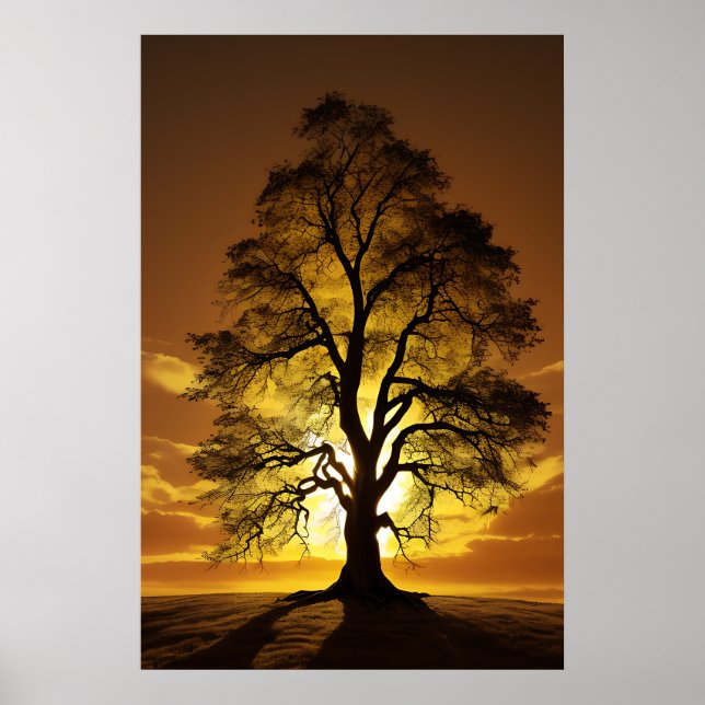 Póster Silhouettes de árbol de atardecer (Frente)