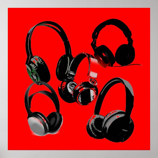 Póster Silhouettes de auriculares negros rojos Pop Art Po (Frente)