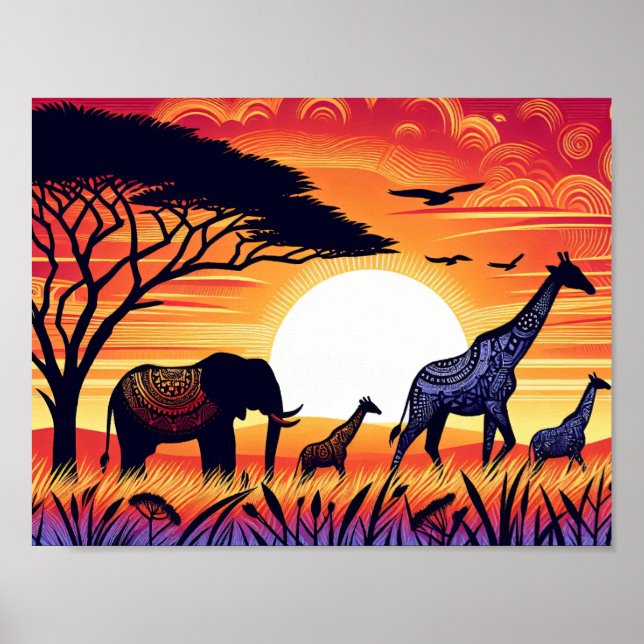 Póster Silhouettes de Savannah: Una serenata de atardecer (Frente)