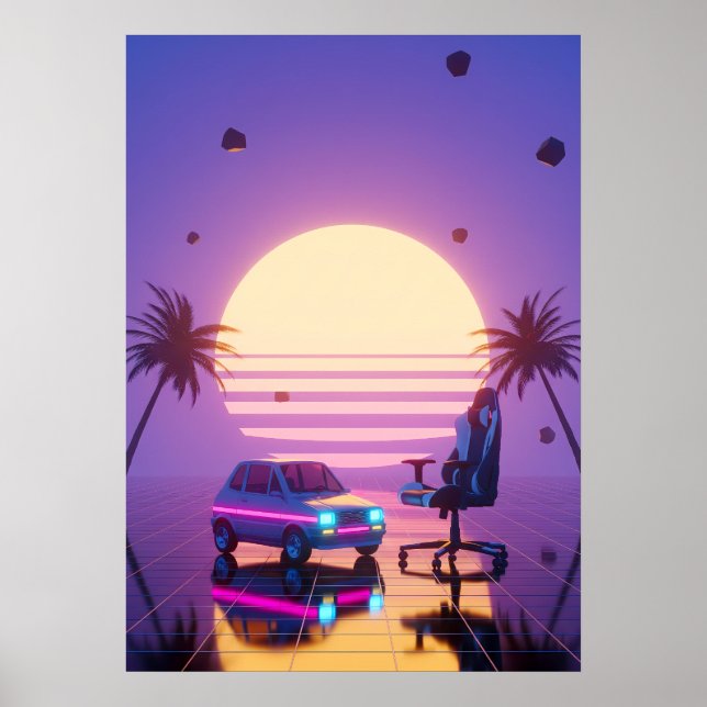 Póster Silla de Juego y Coche Retro Vaporwave (Frente)
