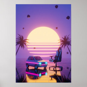 Póster Silla de juego y coche retro Vaporwave