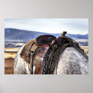 Póster silla occidental en caballo gris