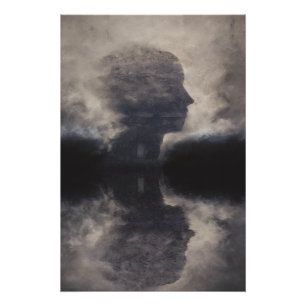 Póster Silueta ante rostro colosal de niebla