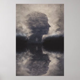 Póster Silueta ante rostro colosal de niebla