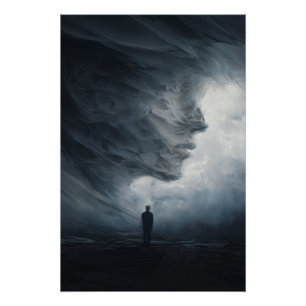 Póster Silueta ante rostro colosal de niebla