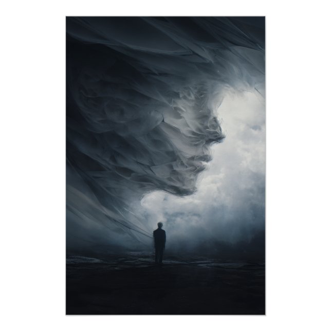 Póster Silueta ante rostro colosal de niebla (Anverso)
