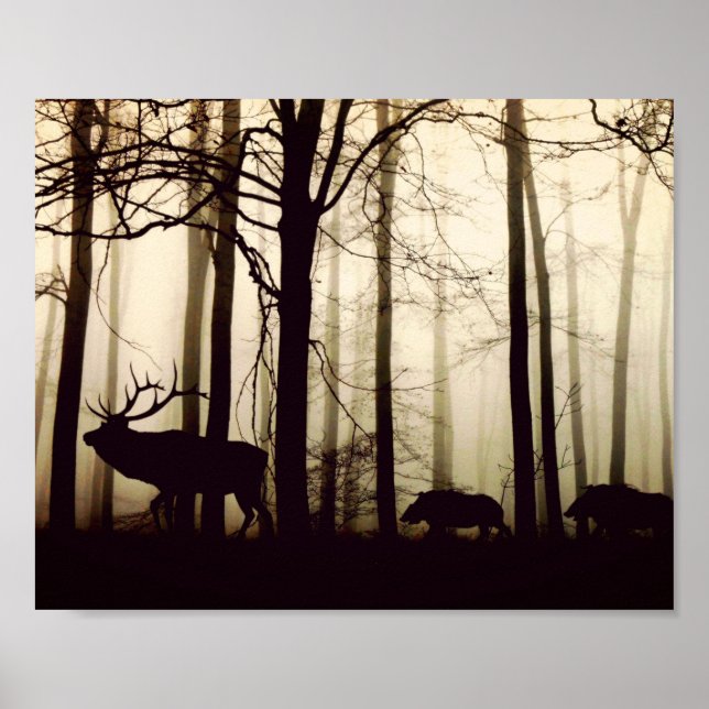 Póster Silueta asombrosa de ciervo, jabalíes (Frente)