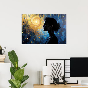 Póster Silueta cósmica - Mujer en la galaxia dorada de ba