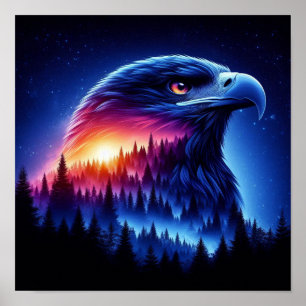Póster Silueta de águila con puesta de sol en el bosque