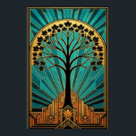 Póster Silueta de árbol de arce elegante Art Deco dorado<br><div class="desc">Una sofisticada mezcla de naturaleza y arquitectura de rascacielos de la década de 1920. Esta llamativa ilustración presenta una audaz silueta negra de un arce, cuyas hojas forman un dosel perfecto contra un radiante sol dorado. El árbol se eleva desde una intrincada base Art Déco escalonada en tonos cálidos de...</div>