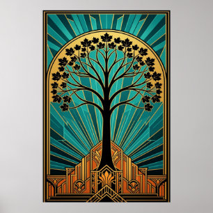 Póster Silueta de árbol de arce elegante Art Deco dorado 