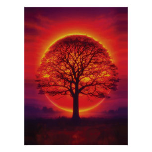 Póster Silueta de árbol majestuoso al atardecer Fuego en