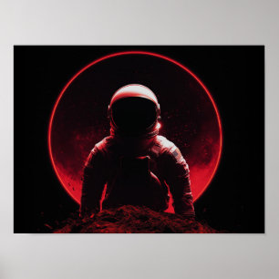 Póster Silueta de astronauta en el planeta rojo con sol o