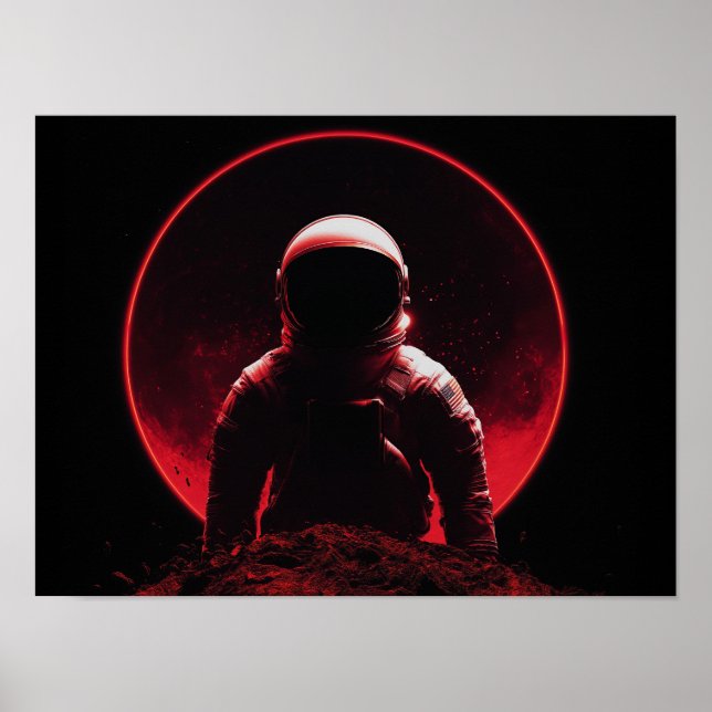 Póster Silueta de astronauta en el planeta rojo con sol o (Frente)