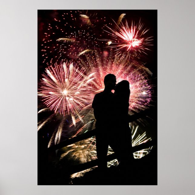 Póster Silueta de besar a parejas de fuegos artificiales (Frente)
