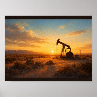 Póster Silueta de bomba de petróleo al atardecer