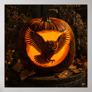 Póster Silueta de búho en calabaza rústica