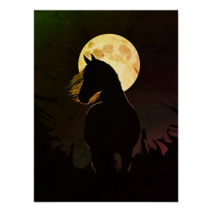 Póster Silueta de caballo majestuoso bajo la luna llena