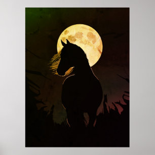 Póster Silueta de caballo majestuoso bajo luna llena