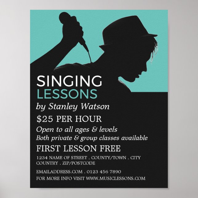 Póster Silueta de cantante, publicidad de lecciones vocal (Frente)