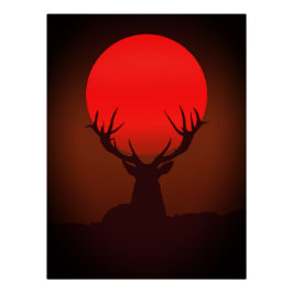 Póster Silueta de ciervo con puesta de sol roja ardiente