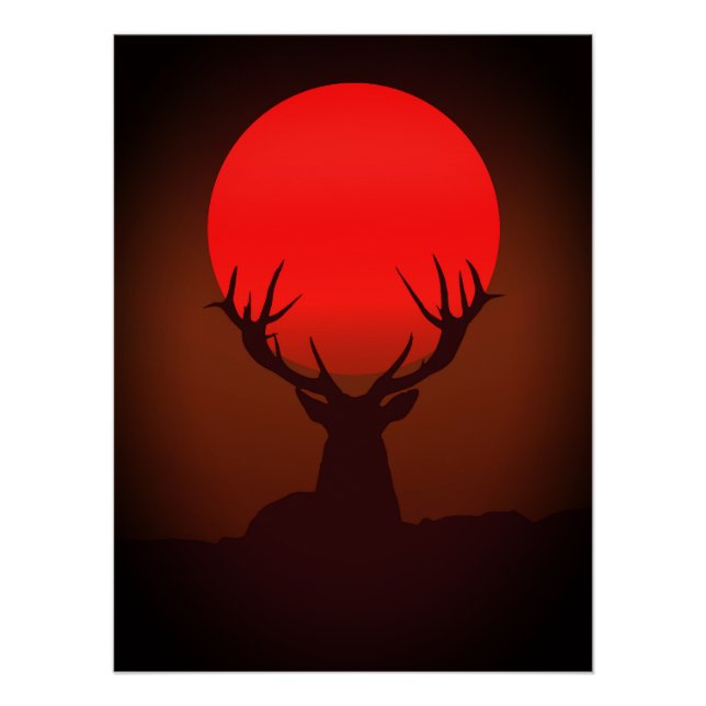 Póster Silueta de ciervo con puesta de sol roja ardiente (Anverso)