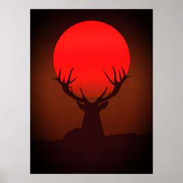 Póster Silueta de ciervo con puesta de sol roja ardiente